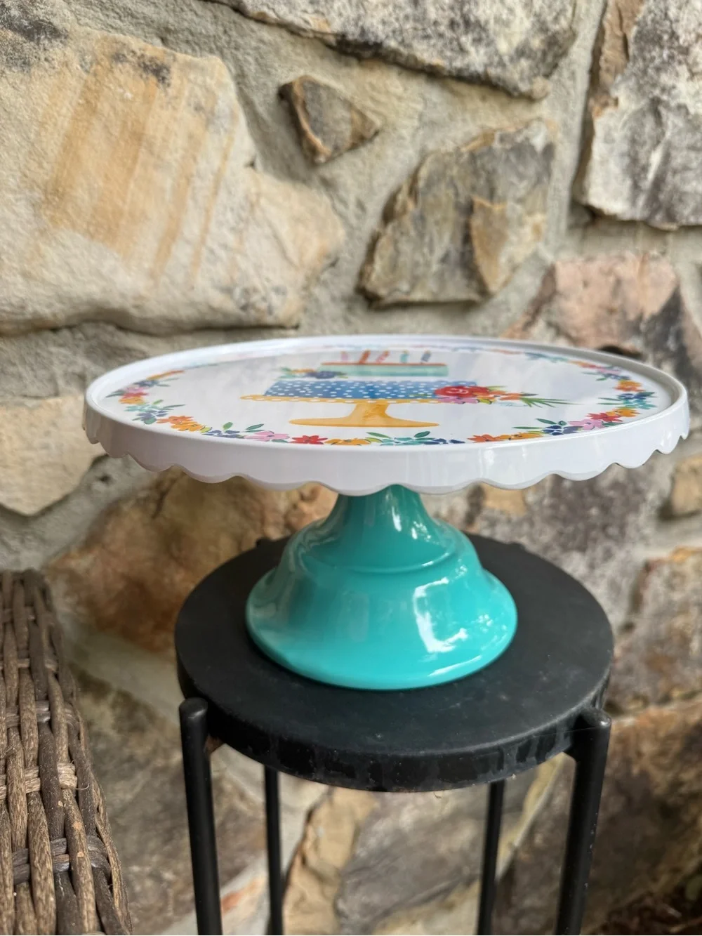 The Pioneer Woman Birthday Cake Stand 11” Floral Turquoise Melamine